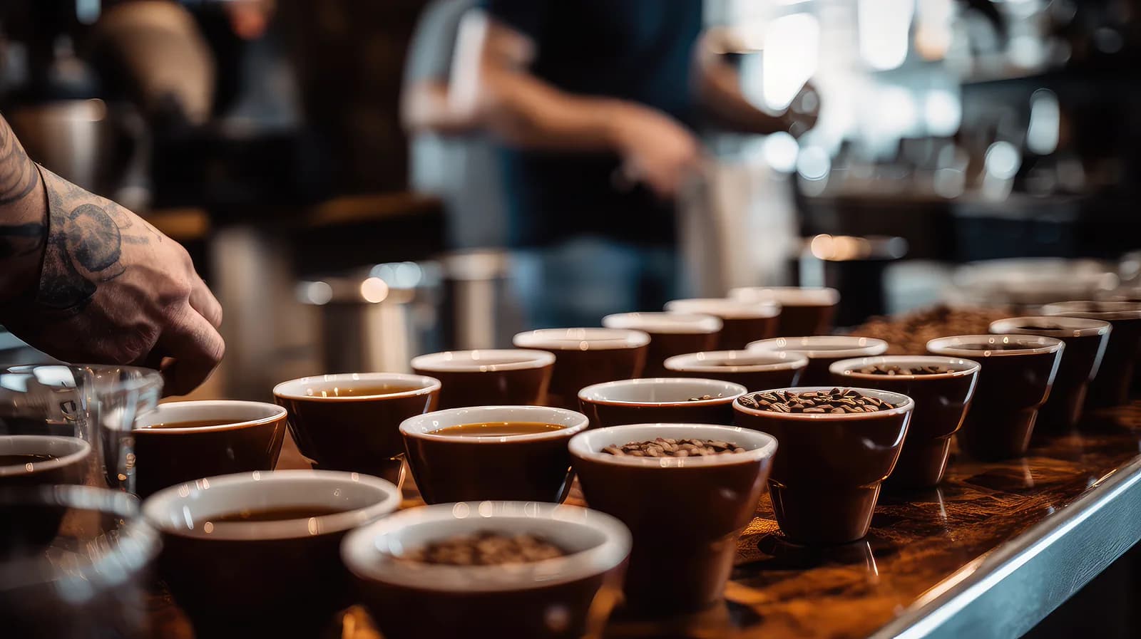 Barra de cafetería durante una cata de café